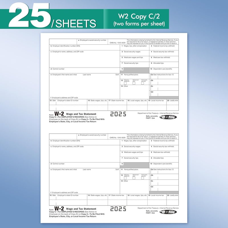 Yeplan W2 Tax Forms 2025 with Envelopes, 6 Part Tax Forms 2025, 25 Employee Kit of Laser Forms with 3 W3, with 25 Self Seal Envelopes - Image 4